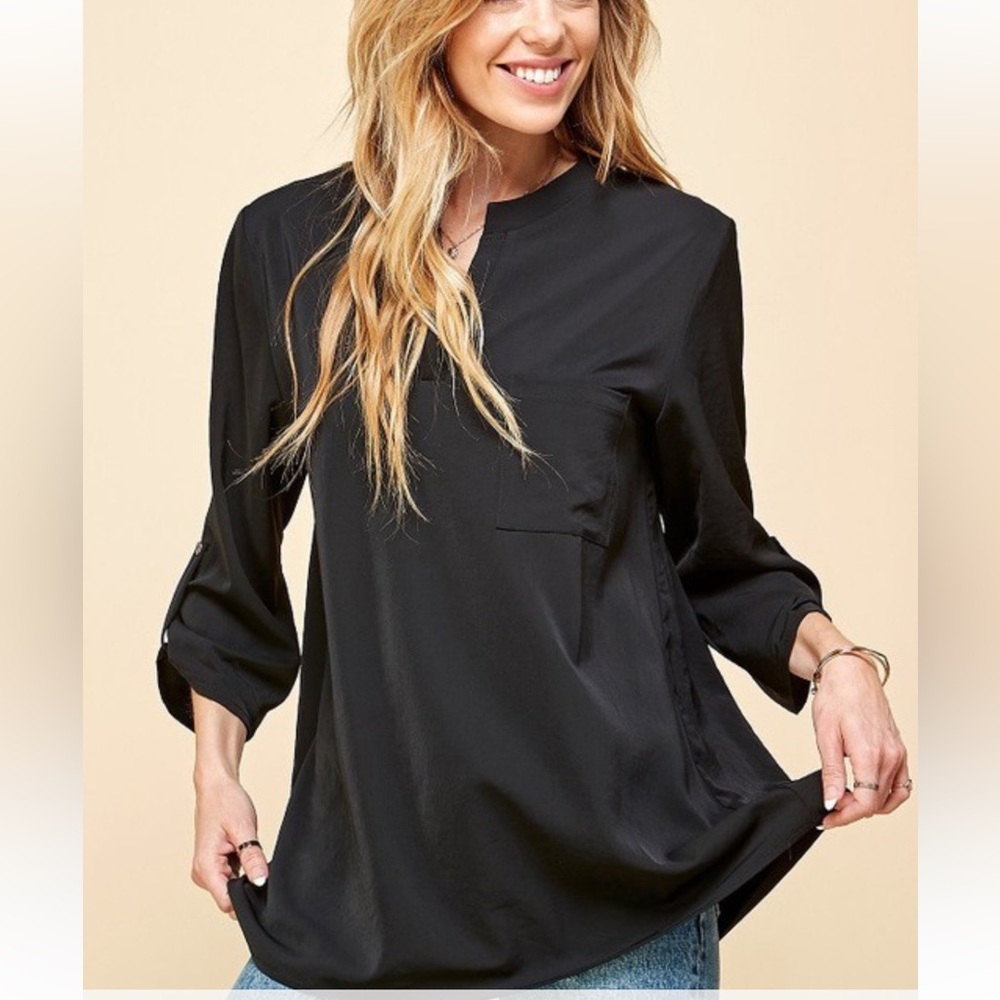 WOMEN FRONT POCKET SOLID SLIT OPEN LOOSE FIT TOP
